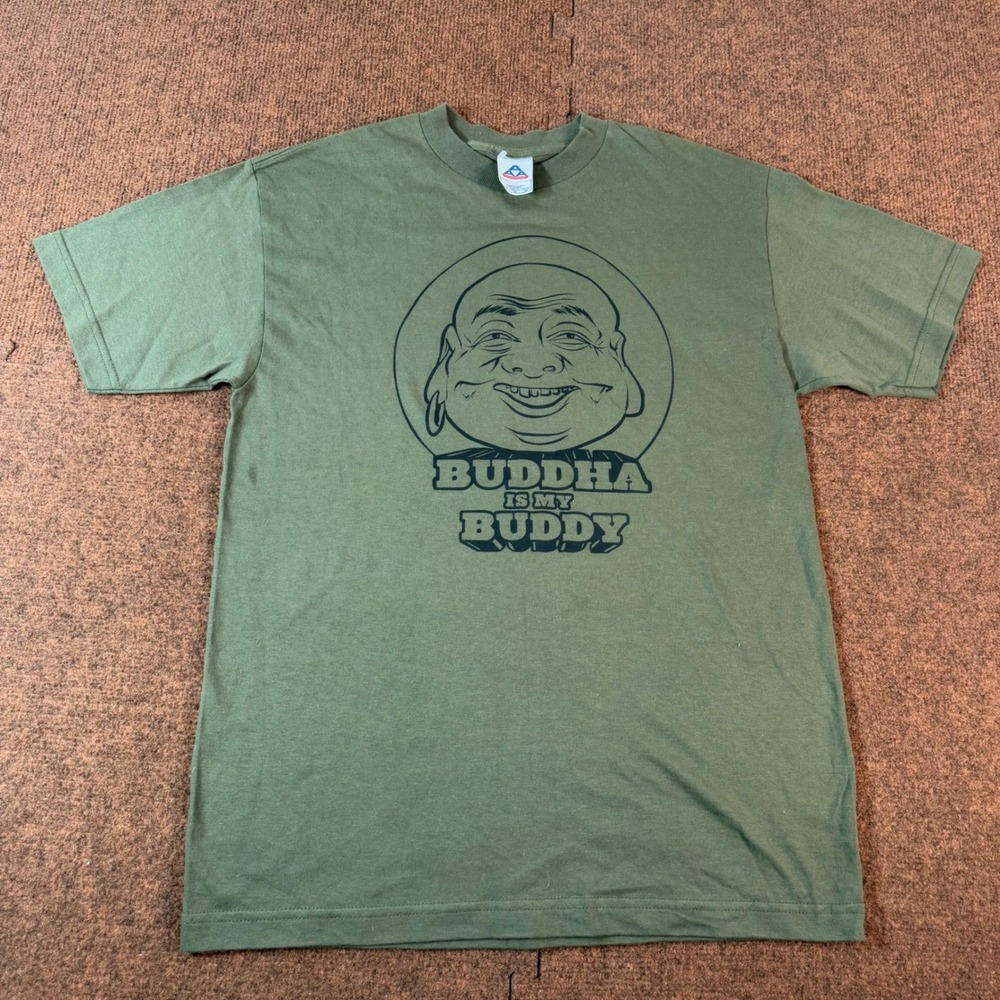 Alstyle Buddha Is My Buddy Graphic T-Shirt Mens Medium Olive Green Short Sleeve